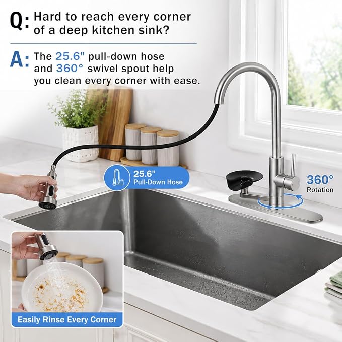 Kitchen Faucet with Glass Rinser, Pull Down Sink Faucet with 3 Spray Modes and High Pressure Glass Rinser, Single Hole 2 in 1 High Arc Stainless Steel Kitchen Faucets (Brushed Nickel)