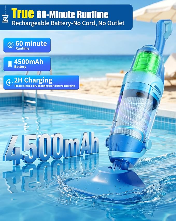 Cordless Pool Vacuum for Inground & Above Ground Pools: 23.8 GPM Powerful Stable Suction, Telescopic Pole up to 90.6", 60-Min Runtime, Extra-Large Filter & Rechargeable Pool Cleaner for Spas/Hot Tubs
