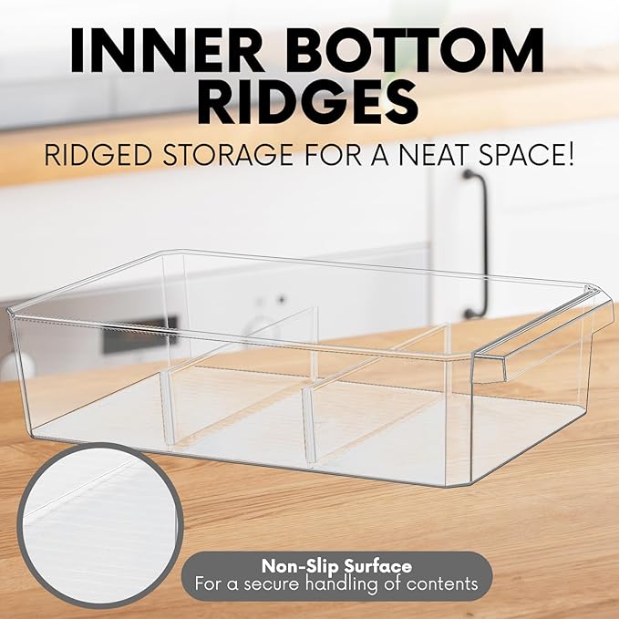 Clear Large Plastic Storage Bins with Removable Dividers, Pantry Organizers and Storage Containers Fridge Organizer Bin for Organizing Kitchen Under Sink Bathroom Refrigerator Organization Freezer