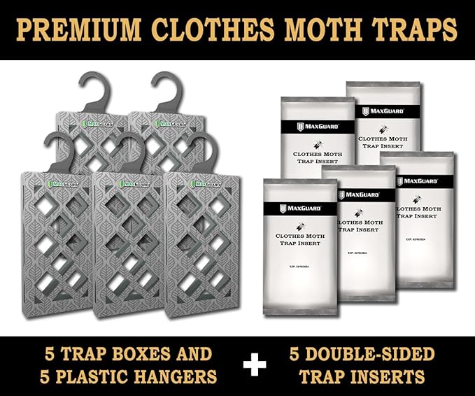 MaxGuard Clothes Moth Traps (5-Pack) – Non-Toxic Pheromone Glue Traps for Closets – Targets Webbing & Case-Bearing Moths – No Mothballs Needed