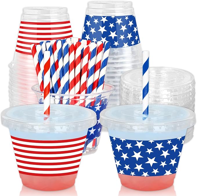 Whaline 100 Pcs 9Oz Patriotic Disposable Plastic Cups with Lids and Straws Red Blue 4th of July Star Stripe Cold Beverage Drinking Cups for Independence Day 250th Anniversary Party Supplies