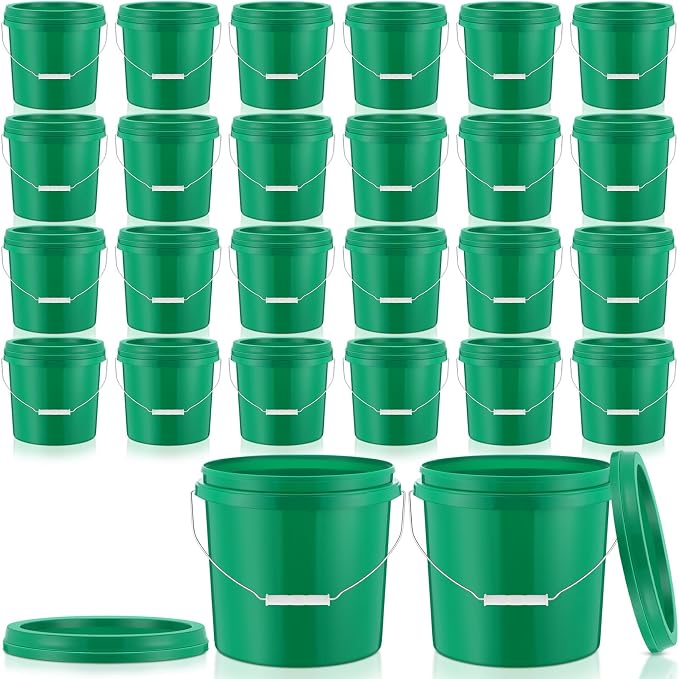 Tioncy 24 Pcs 2 Gallon Plastic Bucket with Lid Heavy Duty 2 Gallon Bucket Pail with Lid Handle for Storage Container Home Household Cleaning (Green)