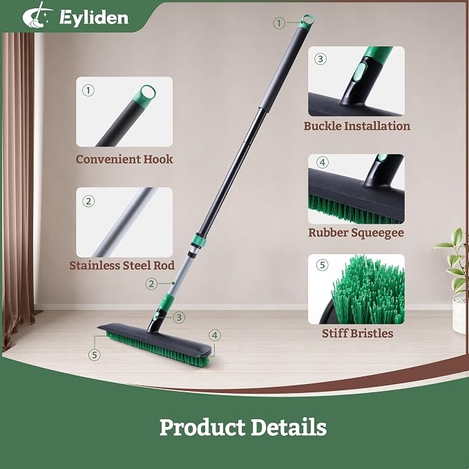 Eyliden Floor Scrub Brush, 15-inch Wide, 55" Long Handle Deck Brush | 2-in-1 Stiff Bristles and Rubber Squeegee, 45° Angle Head, Telescoping Handle, for Bathroom Shower Kitchen Patio Garage