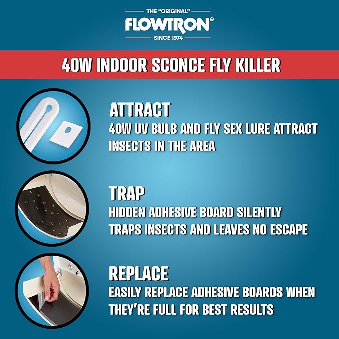 Flowtron Fly Trap Indoor Wall Sconce | Electric Insect Killer for Flies & Gnats with Dual Lure Method 40W UV Light & Pheromone Attractant | Sticky Strips, 600 Sq Ft for House & Kitchen