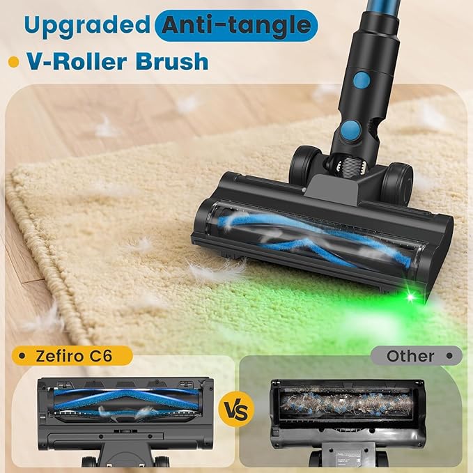 Zefiro Cordless Vacuum Cleaner,45Mins Runtime Vacuum Cleaners for Home, Anti-Tangle and 1.5L Dust Cup, Lightweight Vacuum for Hardwood Floor Carpet Pet Hair