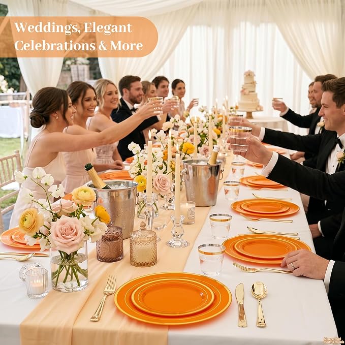 DaYammi 210PCS Orange Plastic Dinnerware Set Orange Plates Disposable Disposable Plates for Party Include: 30 Dinner Plates,30 Dessert Plates,30 Pre Rolled Napkins with Silverware,30 Cups for Wedding