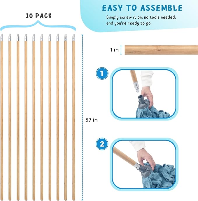 KeFanta Push Broom Handle with Metal Threaded End, 57'' Wooden Stick Pole for Home and Commercial Floor Cleaning, 1" Diameter Heavy Duty Handle for Broom and Mops, Pack of 10