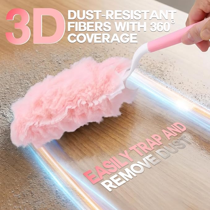 Mifoci 60 Count Pink Duster Refills Compatible with Swiffer Handle, Disposable 360° Multi-Surface Electrostatic Dusting Pads with 1 Handle Cleaner Kit for Blinds Ceiling Fans Furniture Cleaning