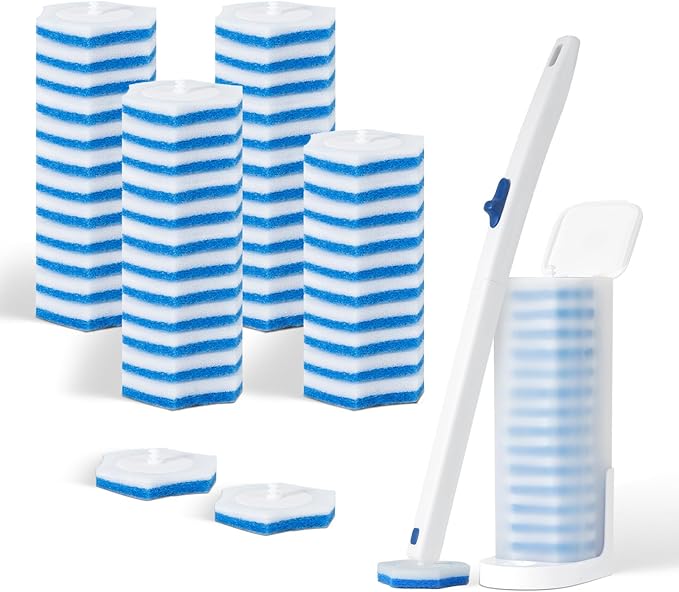 Disposable Toilet Brush Wand Kit with 48 Refills - No-Touch Hygienic Cleaning System, Long Handle Toilet Bowl Cleaner Set for Bathroom, White