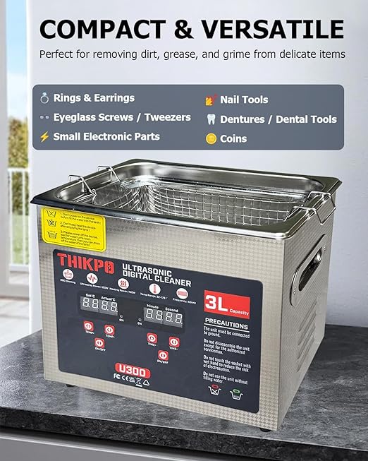 Professional 3L Ultrasonic Cleaner 120W 40kHz with Digital Timer & Heater 110V 304 SUS Tank Stainless Steel Basket for Jewelry, Watches, Glasses, Lab, Medical, Industrial Parts