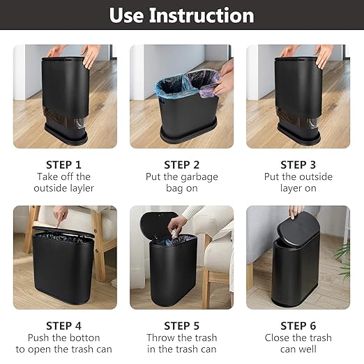 AIFUSI Trash Can, 10 Liter / 2.4 Gallon Plastic Slim Garbage Container Bin with Press Top Lid, White Waste Basket for Kitchen, Bathroom, Living Room, Office, Narrow Place（Black）
