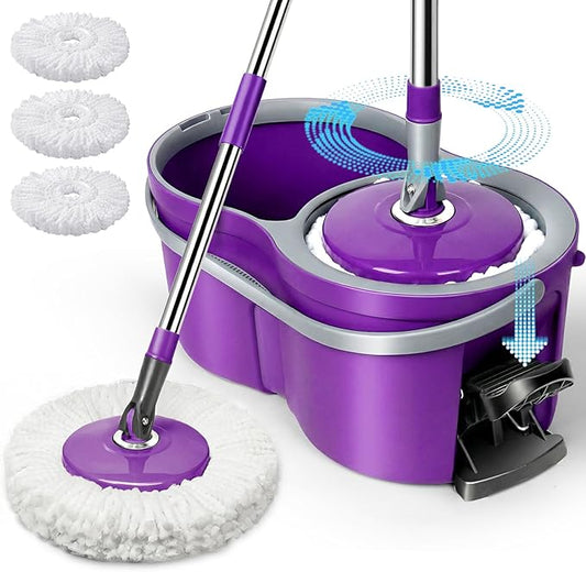 Spin Mop and Bucket with Wringer Set,Masthome 360°Spinning Bucket System with 3 Reusable Pads,EasyWring Microfiber Mop and Buckets for Floor Cleaning, Wet Dry Floor Mop for Home & Office
