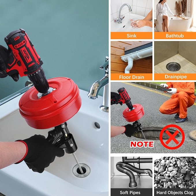 25 FT Double Mode Drain Snake Tools, 14-in-1 Drain Auger【Upgraded】 | for Sink and Drain Unblocking, Plumbing Snake for Kitchen, Bathrom and Shower Sink, Drain Clog Remover for Real DYIs