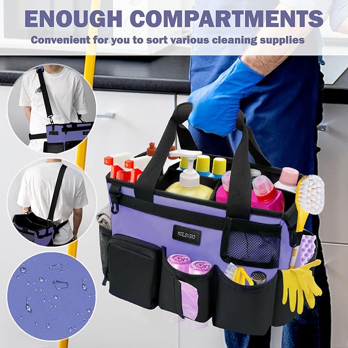 Wearable Cleaning Caddy Bag,Cleaning Supply Tote for Cleaning Supplies, Cleaning Organizer with Adjustable Shoulder and Waist Straps for Cleaners & Housekeepers (Purple and Black, Large)