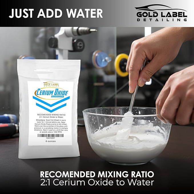 Optical Grade Cerium Oxide 8oz Glass Repair Powder | Glass Window and Windshield Repair | Optical Grade, for use with Camera, Scope, Binocular Lens (8oz with 3" Felt Bob Wheel)