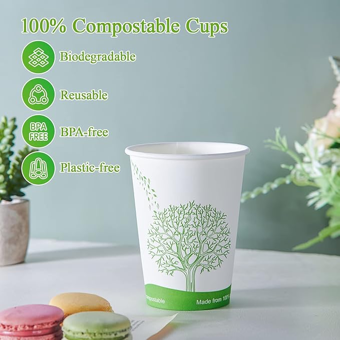 ECOLipak 240 Count 12 oz Compostable Paper Cups and 25 Count (1 Roll) 33 Gallon Compostable Trash Bags