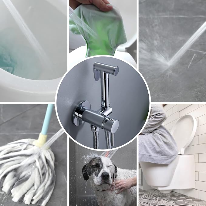 SHAMANDA Warm Water Bidet Sprayer for Toilet with Hot and Cold Brass Rough-in Valve, Stainless Steel Round Handheld Bidet Attachment Set for Feminine, Pets and Baby Diaper Wash, Polished Chrome BDS09