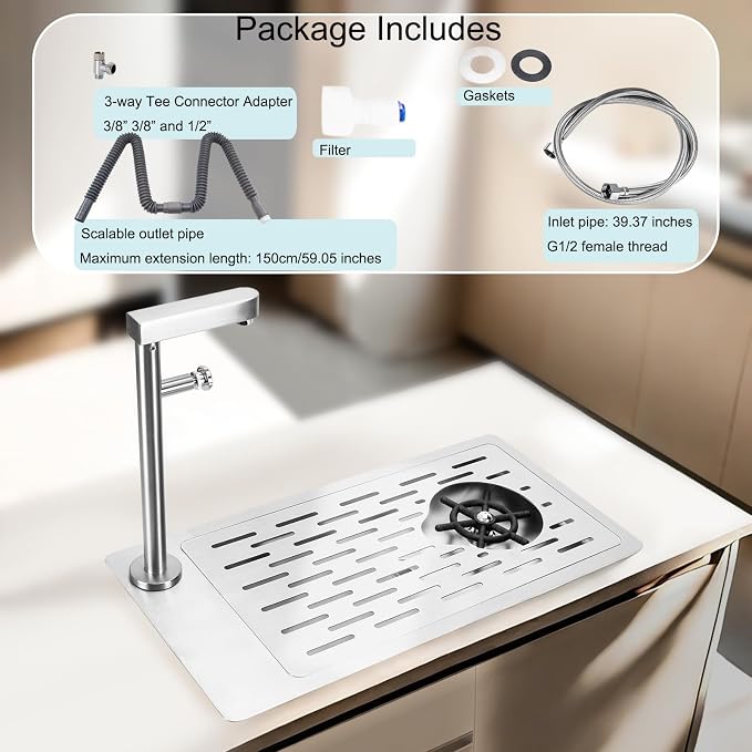 DIBTSA Pitcher Rinser, Stainless Steel Countertop Glass Rinser Cup Washer Sink with Side Spray,Drip Tray for Home Cafe Restaurant