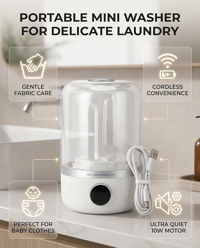 GLOGLOW Mini Washing Machine, Portable Lightweight Transparent Washing Machine 10W Quiet Rechargeable Mini Laundry Washer for Underwear Baby Clothes and Small Items
