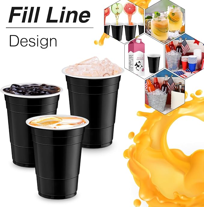 Lounsweer 100 Pcs 16 oz Disposable Party Cups Plastic Heavy Duty Drinking Water Cups for Birthday Baby Shower Wedding BBQ Picnic Party Supplies(Black, White)