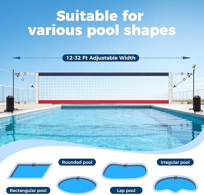 Pool Volleyball Net Set with Solar LED Lights, Adjustable 15-32ft Water Volleyball Net for Inground Pools with Glow Ball, Pump & Weighted Bases, Outdoor Pool Games for Kids Adults Family
