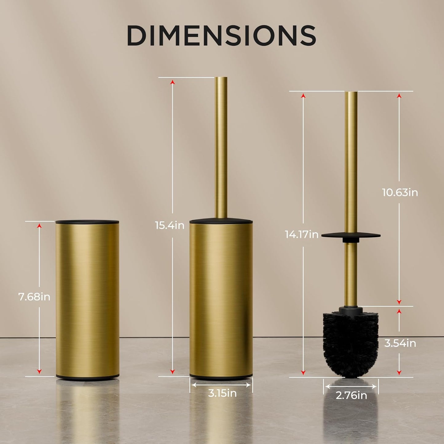 FORIOUS Toilet Brush and Holder Set, 304 Stainless Steel Long Handle and Heavy Duty Base for Bathroom Deep Cleaning, Drip-Proof, Space Saving for Storage, 2 Toilet Bowl Brush Head, Dark Gold