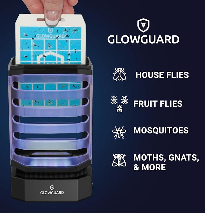GlowGuard-X Rechargeable Indoor Fly Trap & Gnat Killer, Multi-Purpose Mosquito Trap and Shockless Indoor Bug Zapper, Includes 1 Device + 4 Glue-Card Refills, 48hr Battery Life, Black