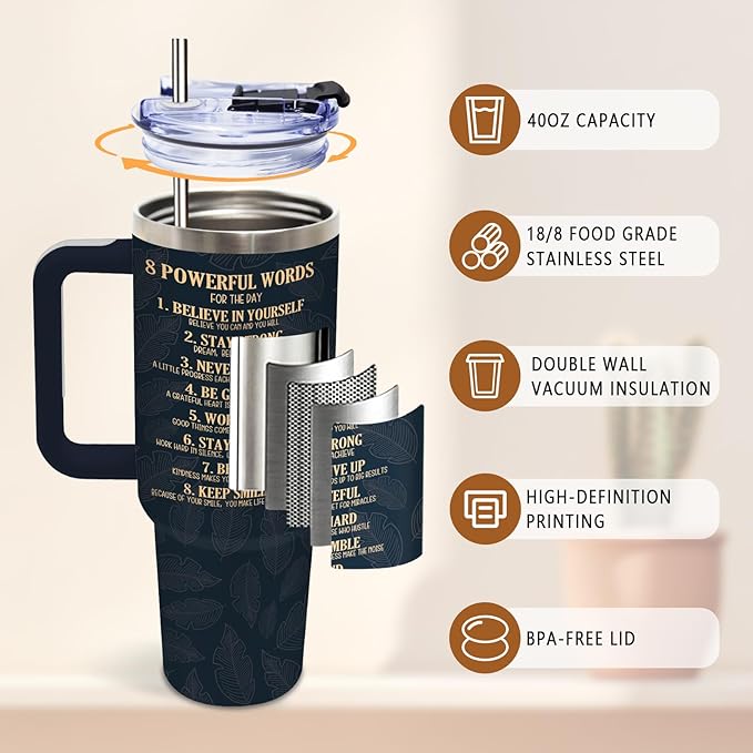 DUUV 40 Oz Tumbler with Motivational Quotes - Stainless Steel Insulated Travel Mug for Daily Empowerment, Christmas Inspirational Gifts with Powerful Words (Believe, Never Give Up, Stay Strong), 1PCS