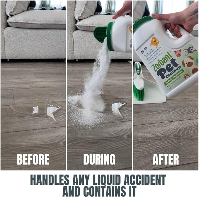 Zorbent Pet Accident Cleanup – Odor Remover for Dog & Cat Messes. Absorbs 1 Gallon. Pet-Safe Cleaner for Urine, Vomit, Poop & Accidents on Hardwood, Tile, Vinyl, Concrete, Short Carpet & Rugs, 5 qt