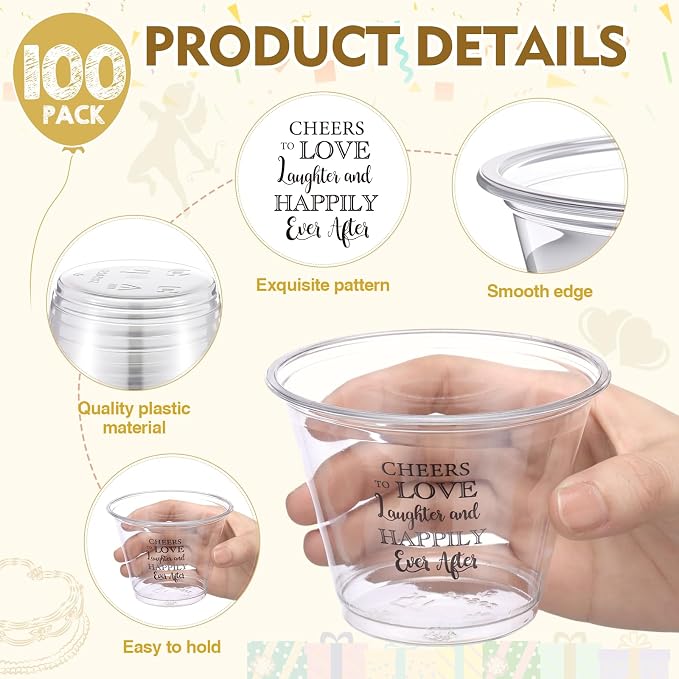 LemonRoad 100 Pack Wedding Cups 9 oz Cheers to Love Disposable Clear Plastic Cocktail Cups Hot Cold Beverage Drinks for Guests, Wedding Reception Bridal Shower Decorations Party Favors