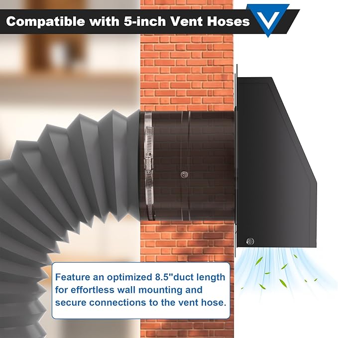 5 Inch Dryer Vent Cover, Vent Covers for Wall, Hooded Wall Vent with Screen and Damper Black Galvanized Steel Air Exhaust Duct Outlet Hood Cap Kit for Exterior Home Outdoor Laundry Ventilation