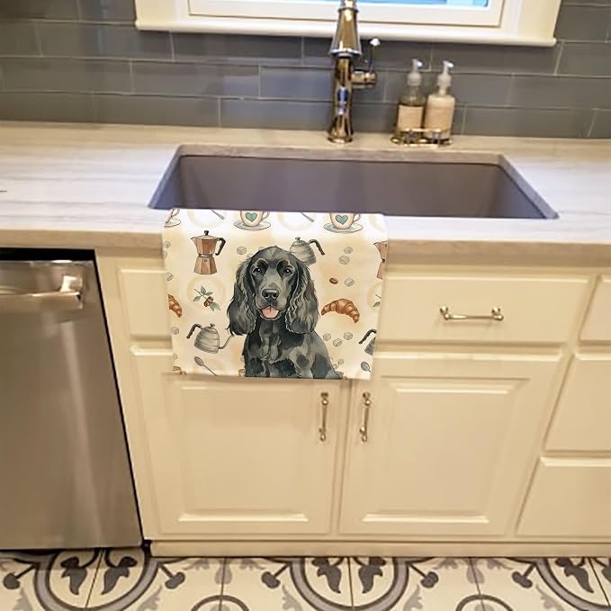 Caroline's Treasures Black Cocker Spaniel Coffee Bar Kitchen Towel Velour Plush Front and Cotton Loop Back Machine Washable