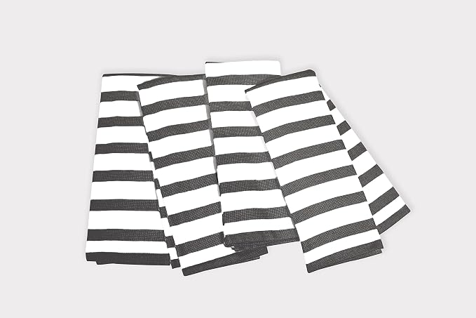 Realm 17" x 27" 100% Cotton Kitchen Towel (4 Pack) | Stripe Pattern Jet Black | Soft, Plush & Absorbent with Solid White Backing