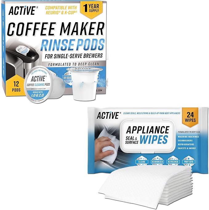 ACTIVE K-Cup Compatible Cleaning Pods and Appliance Wipes - Includes 12pk Keurig Compatible Cleaner Pods and 24pk Appliance Seal & Surface Wipes