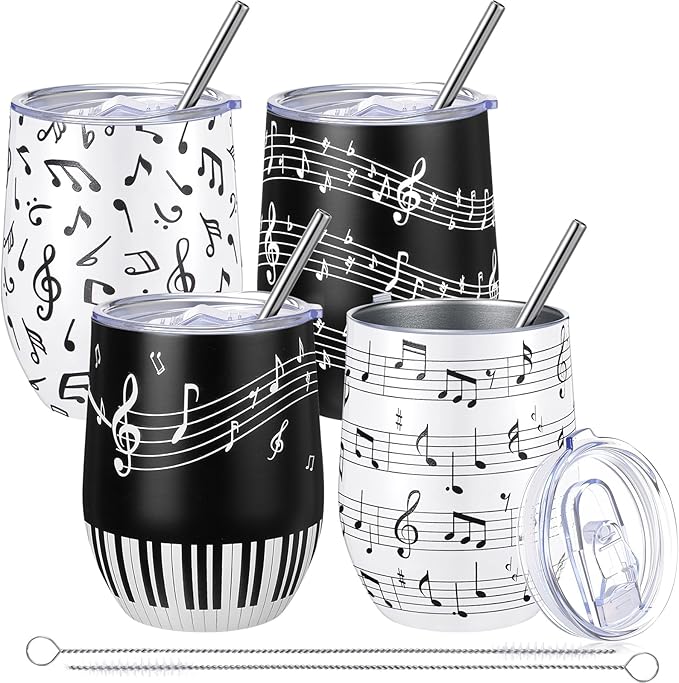 Umigy 4 Pcs Musical Note Tumbler Gifts, 12 oz Stainless Steel Coffee Travel Mug, Vacuum Insulated Tumbler Cup with Gift Box Music Themed Gift for Music Lovers Birthday Graduation Party Supplies