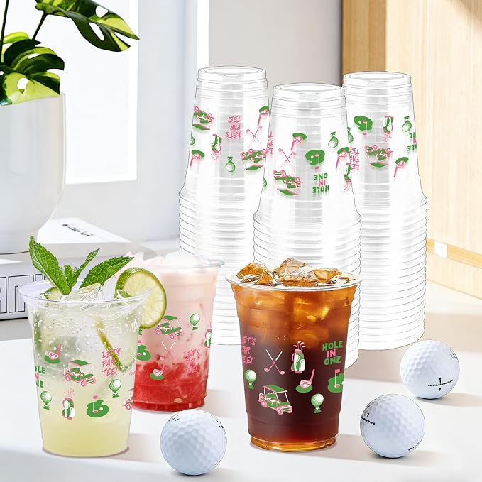 100Pcs Masters Golf Ball Plastic Party Cups, 12oz Pink Green Golf Disposable Clear Cups for Home Sports Party Decorations, Birthday, Holiday Gatherings Favors
