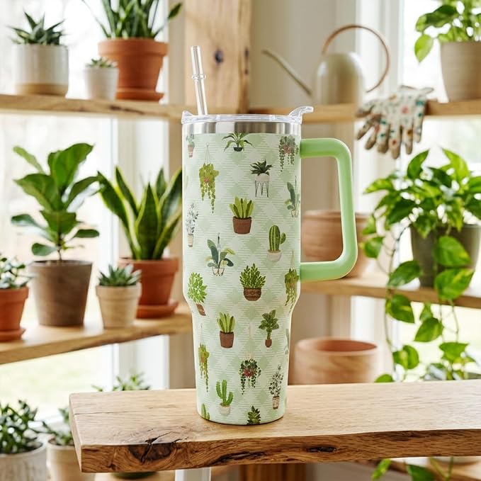 Ceovfoi 40oz Cactus Themed Insulated Tumbler with Handle, Coffee Mug Water Bottle with Lid Straw, Botanical Decor & Plant Enthusiast Gifts