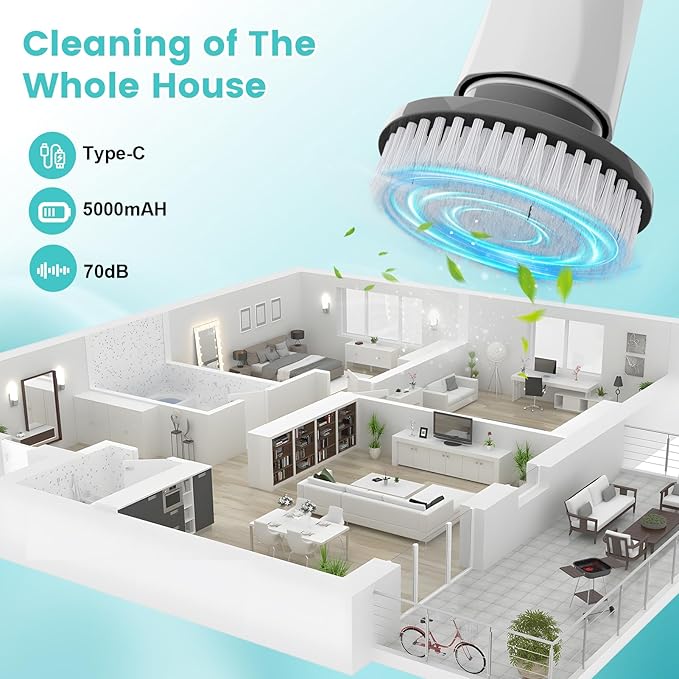 Electric Spin Scrubber, New Cordless Power Tub Scrubber with Long Handle,101 Lbs Strong Torque Shower Brush with 8 Heads, 2 Speed Mode 3 Adjustable Angles for Cleaning Bathroom Tile