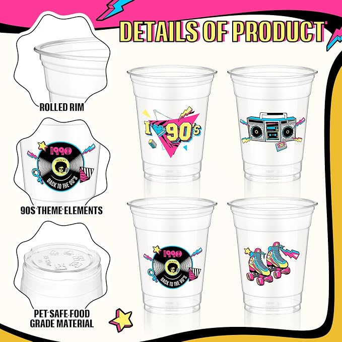 Pickmesh 50 Pcs 90s Theme Party Decorations Back to 90's Plastic Cups Hip Hop Party Supplies 12 oz Thick Clear Disposable Drinkware Cups Retro Music Supplies