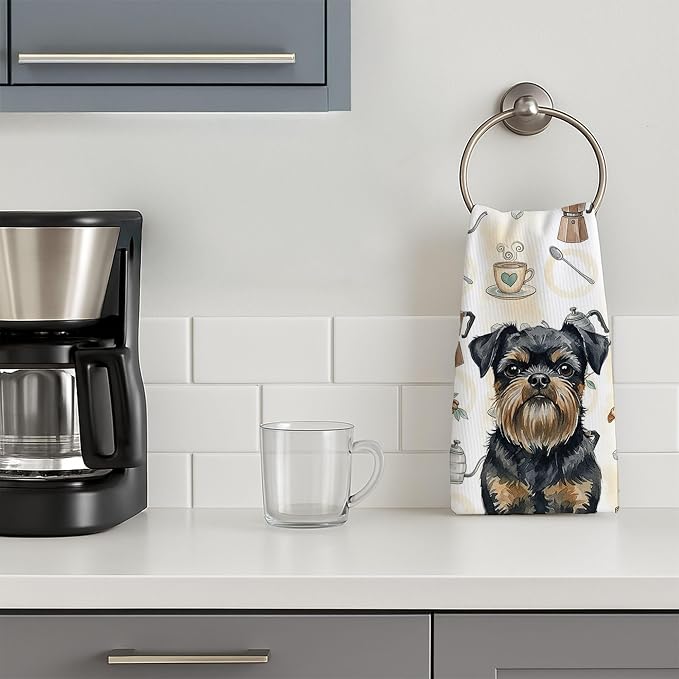 Caroline's Treasures Black and Tan Brussels Griffon Coffee Bar Kitchen Towel Velour Plush Front and Cotton Loop Back Machine Washable