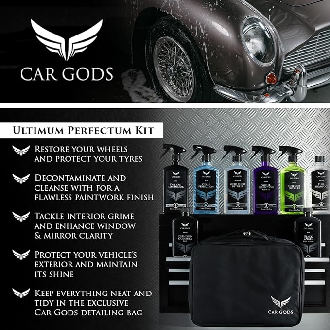 Car Gods 8 Piece Car Cleaning Detailing Kit - Shampoo - Carnauba Wax - Wheel Cleaner - Shine Detailer - Fallout Eliminator - Tyre Serum - Interior Detailer - Glass Cleaner