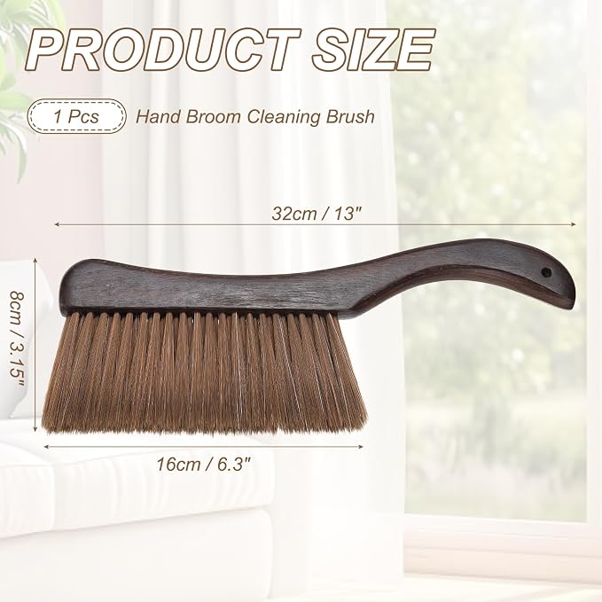 HARFINGTON Hand Broom Brush 13" Soft Bristles Dusting Brush Cleaning Duster with Curved Handle and Three Rows of Bristles for Car Bed Counter Sofa Furniture Clothes, Brown
