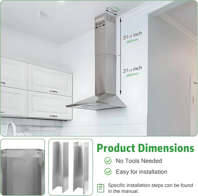 31.5" x 8" x 6.7" Range Hood Chimney Extension, Adjustable Chimney 31.5-63 IN, 203MM Width Stainless Steel Range Hood Chimney Extension, Extend Ventilation Reach, Universal Fit For Most Kitchens
