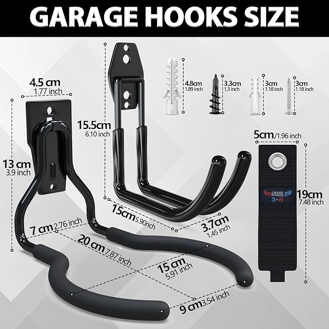 3-H Weed Eater Hanger 4 Pack,1 Large Garage Wall Hooks,1 Extension Strap,Utility Weedeater Rack,Tool Hangers for Organizing and Hanging Weed Wacker,Leaf Blower,String Trimmer,Power Tool in Garden