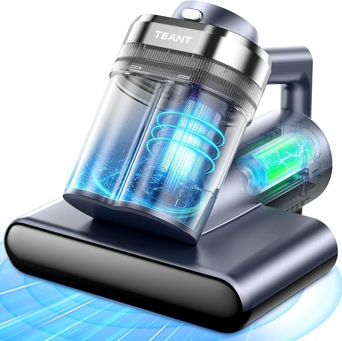 Teant Upgrade Cordless Mattress Vacuum with 18kPa Ultra-Deep Suction, 2-Speed Bed Vacuum with 33000 RPM/Min Roller Brush, 253.7nm UV-C Light & LED Display, HEPA, 149℉ Heat, Aroma & Anion for Bed Sofa