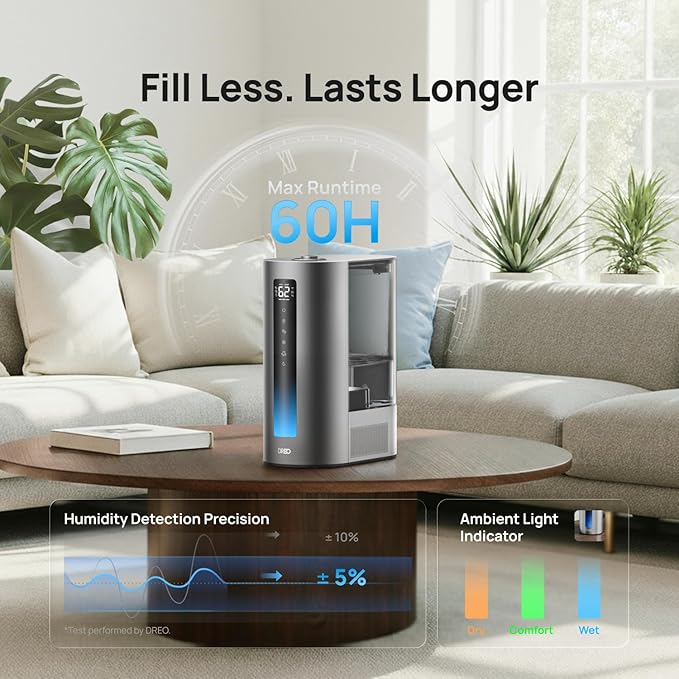 DREO 6L Smart Warm & Cool Mist Humidifiers for Bedroom HM713S | 60-Hour Quiet Runtime for Large Room, 500ML/HR Output, Smart Humidity Sensor, Indicator Light, Works with Alexa & Google