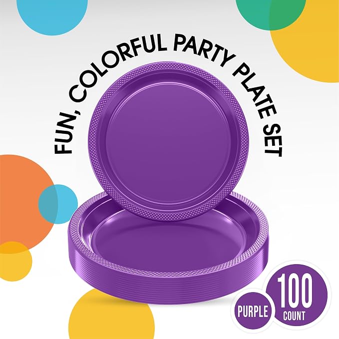 Exquisite Party Solids Purple Plastic Plates For Party Supplies, Purple Disposable Plates 100 Pieces - 50-7" & 50-9" Heavy Duty 350 GSM Disposable Dinnerware Sets, Plastic Dinnerware Sets