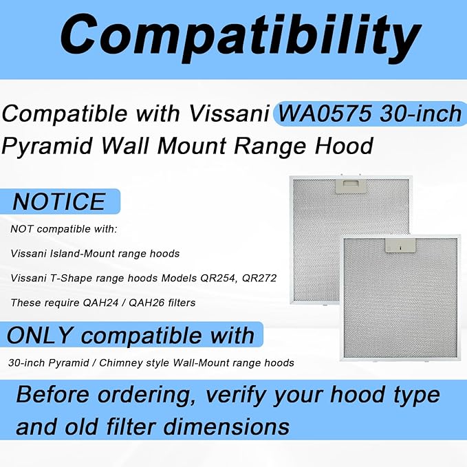 2-Pack Range Hood Grease Filters 14-3/8 X 13-1/2 Inches Compatible with Vissani 30-inch Pyramid Wall Mount Range Hood 5-Layer Aluminum Mesh Replace#: WA0575