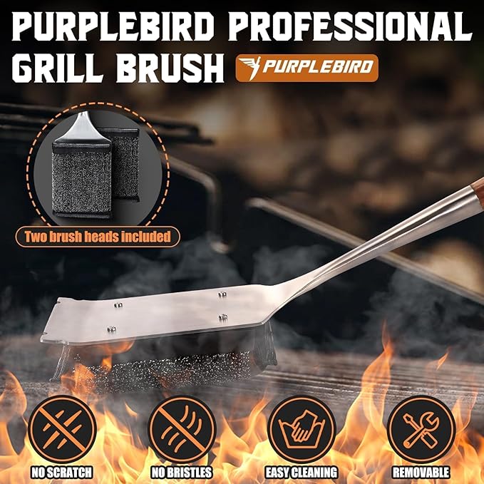 PURPLEBIRD Grill Brush Bristle Free for Outdoor Grill, 3 in 1 BBQ Brush with Scraper & Bottle Opener, Grills Cleaning Brushes with 1 Replacement Head, Grills Scrubber with Wood Handle