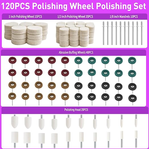 120 PCS Polishing Kit for Dremel, Abrasive Buffing Wheels for Rotary Tool Accessories with 1/8 Inch Shank, Polishing Bits for Metal Wood Watch Jewelry Brass